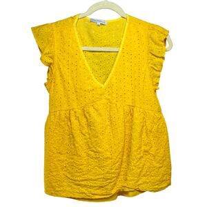 Eyelet Lace Top Yellow Women's Large Poly/Cotton Short Sleeve V-Neck Cottagecore